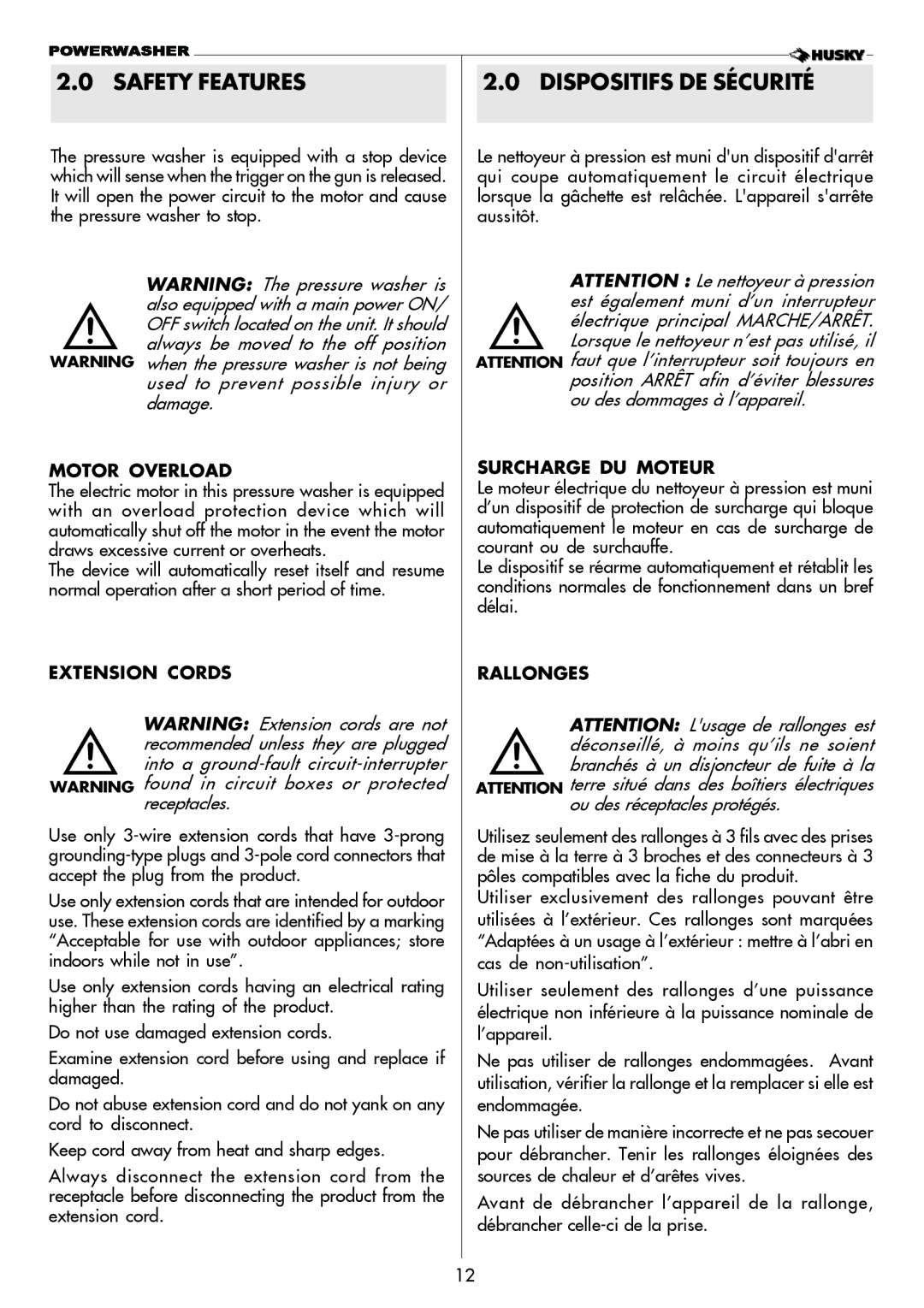 Husky 1650 PSL warranty Safety Features, Dispositifs DE Sécurité, Ou des réceptacles protégés 