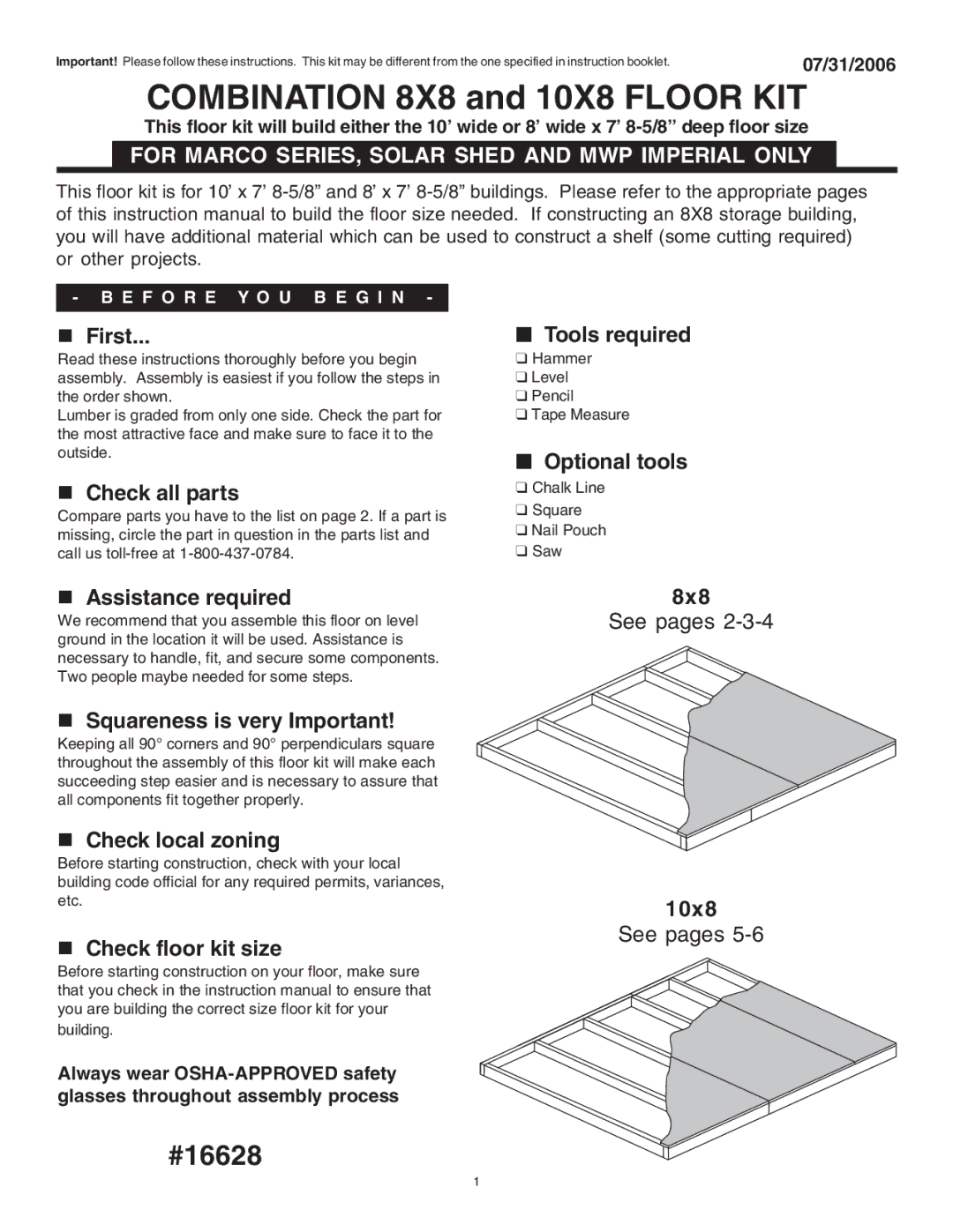 Husky 16628 instruction manual Combination 8X8 and 10X8 Floor KIT, F O R E Y O U B E G I N 