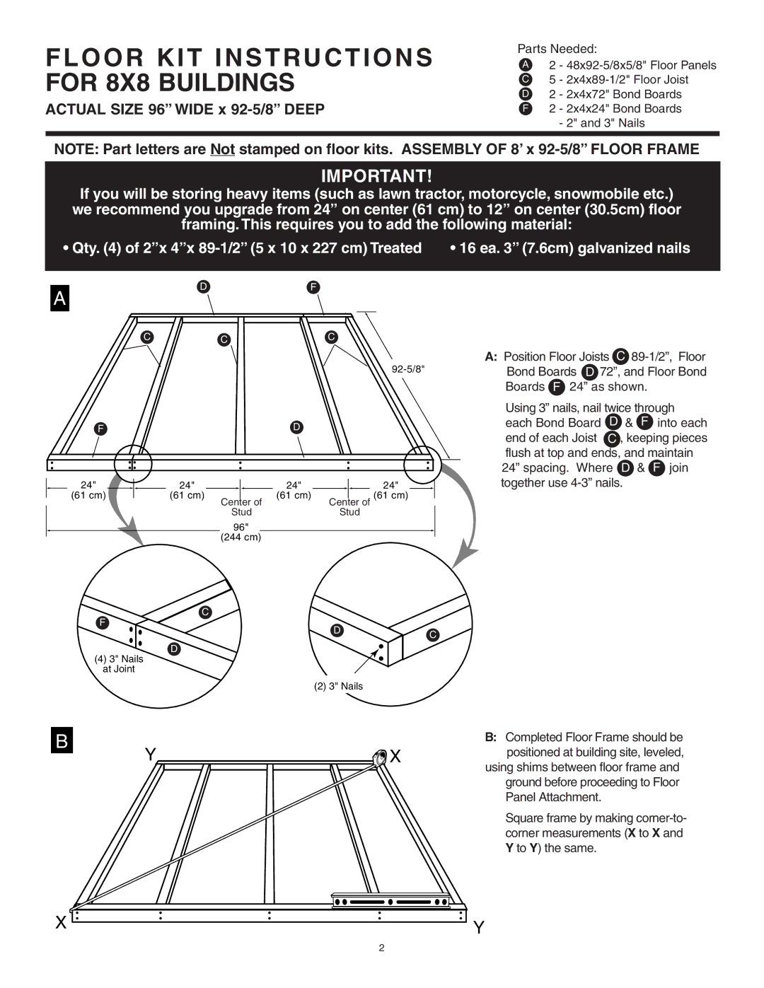 Husky 16628 instruction manual Floor KIT Instructions, For 8X8 Buildings, 16 ea 7.6cm galvanized nails 