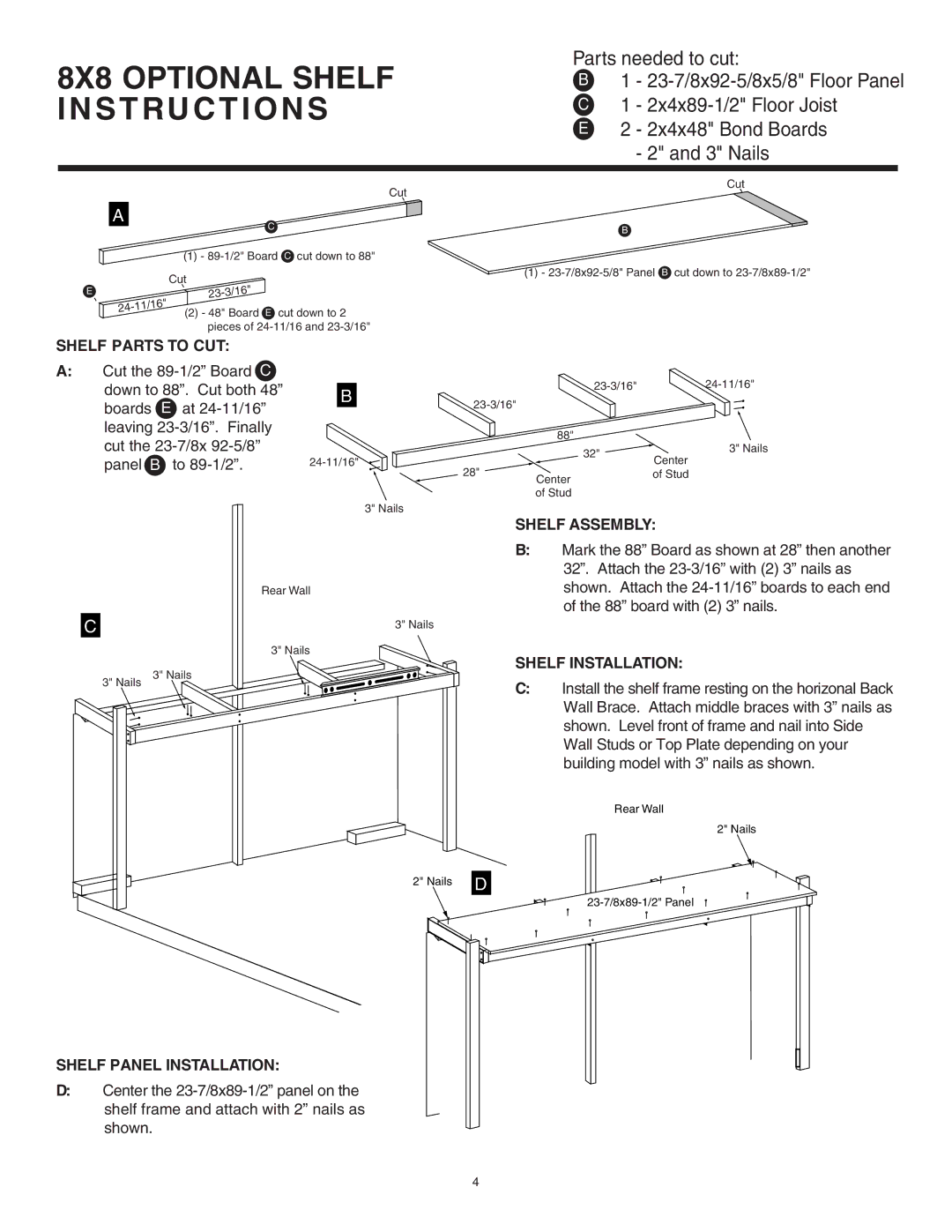 Husky 16628 instruction manual Shelf Parts to CUT, Shelf Assembly, Shelf Installation, Shelf Panel Installation 