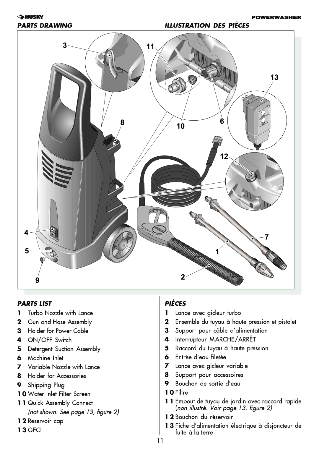 Husky 1750 PSL warranty Parts Drawing, Parts List Pièces, Bouchon du réservoir, Reservoir cap, Fuite à la terre 