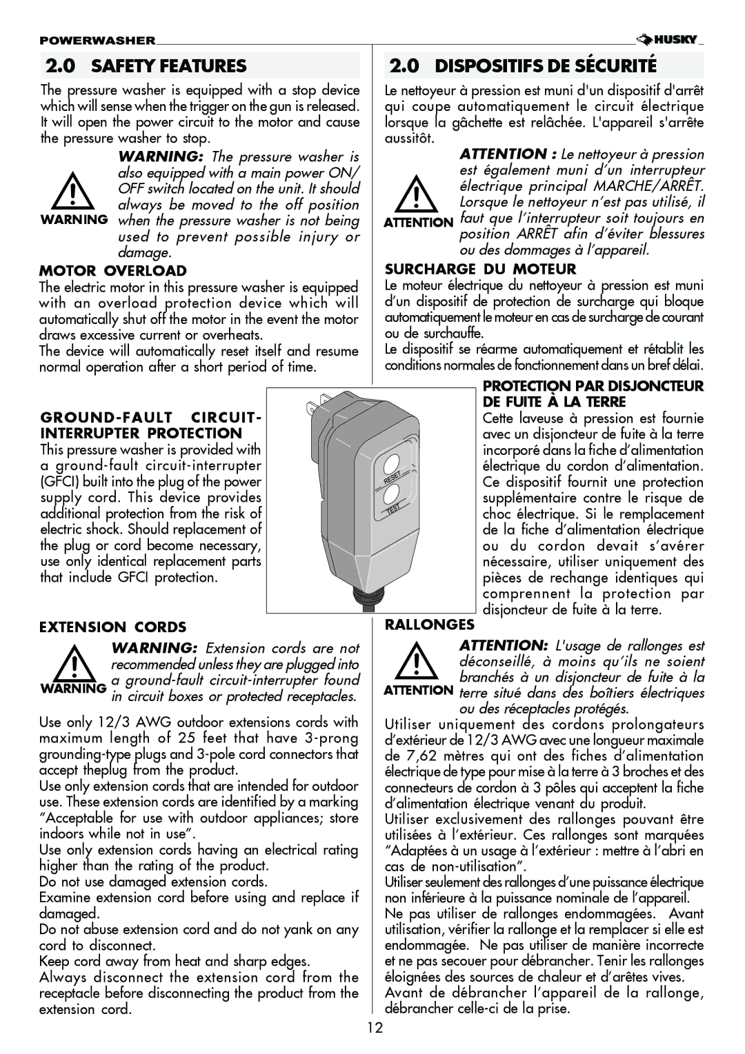 Husky 1750 PSL warranty Safety Features Dispositifs DE Sécurité 