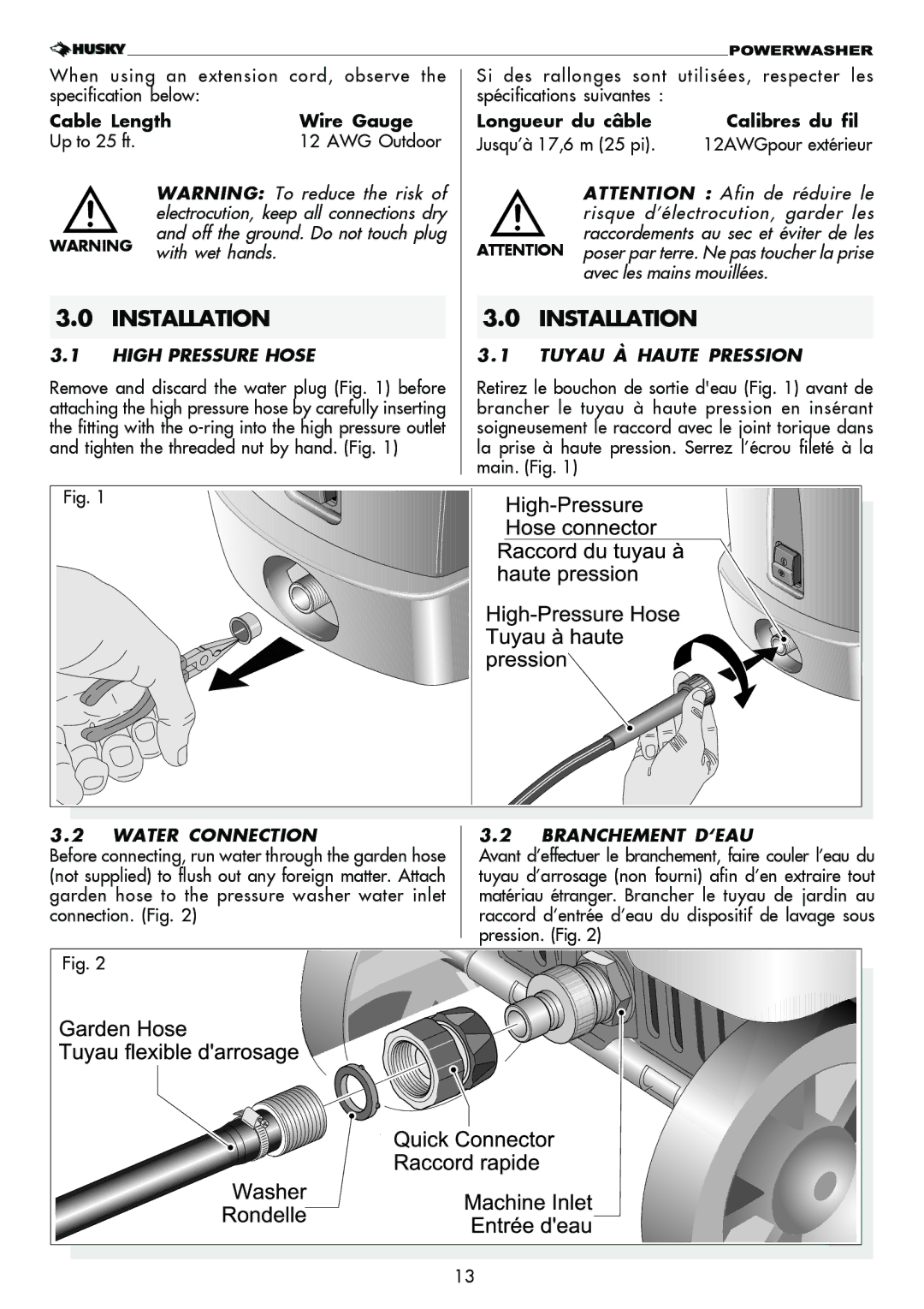 Husky 1750 PSL Installation, High Pressure Hose, Tuyau À Haute Pression, Water Connection Branchement D‘EAU, Pression. Fig 