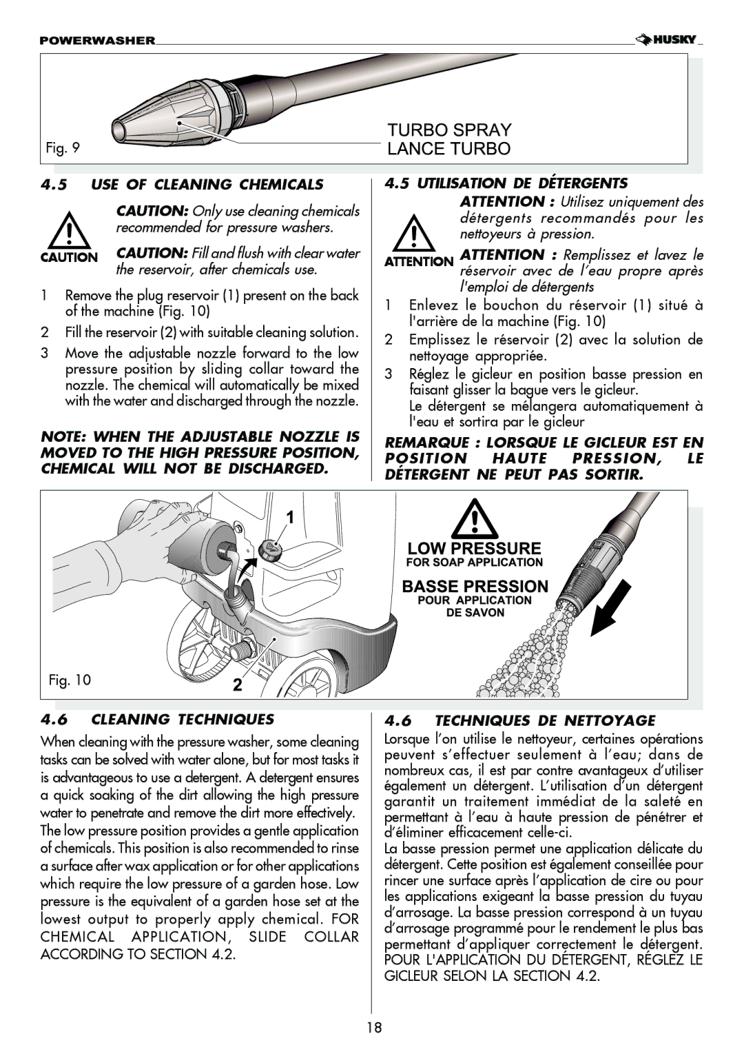 Husky 1750 PSL warranty USE of Cleaning Chemicals, Utilisation DE Détergents, Techniques DE Nettoyage 