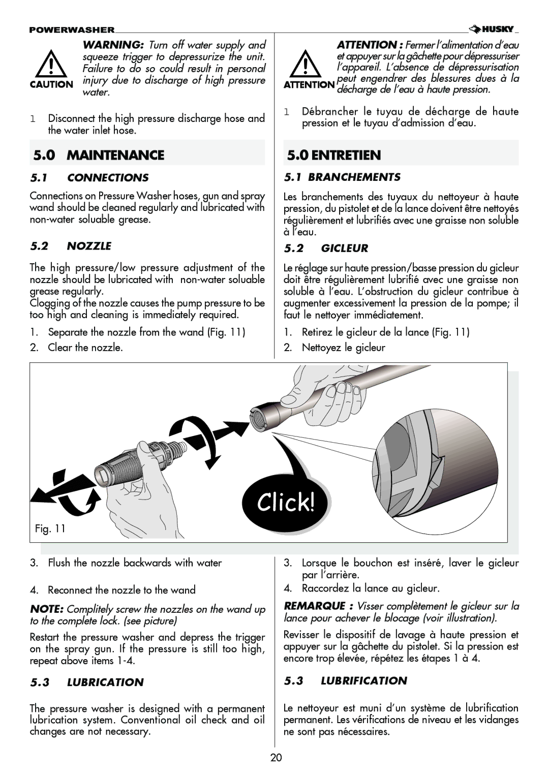 Husky 1750 PSL warranty Maintenance, Entretien 