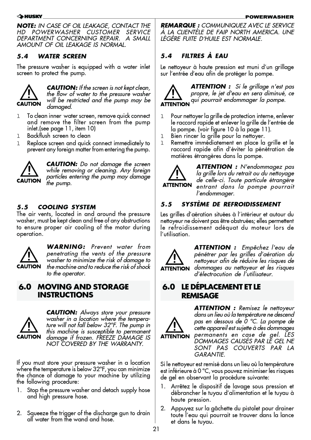 Husky 1750 PSL warranty Moving and Storage Instructions, LE Déplacement ET LE Remisage 