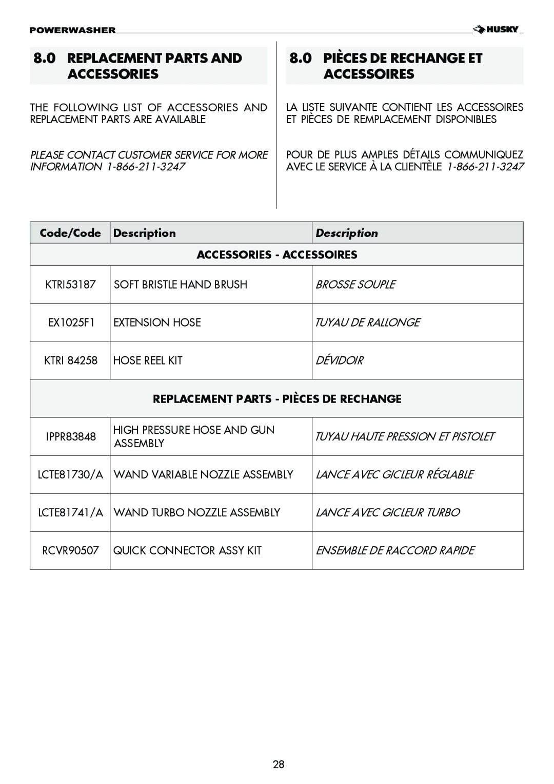 Husky 1750 PSL warranty Replacement Parts and Accessories, Pièces DE Rechange ET Accessoires 