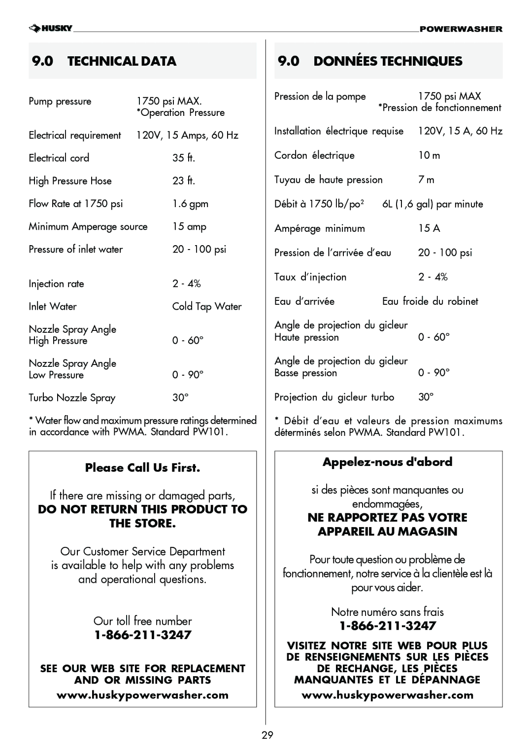 Husky 1750 PSL warranty Technical Data, Données Techniques, Pression de la pompe Psi MAX 