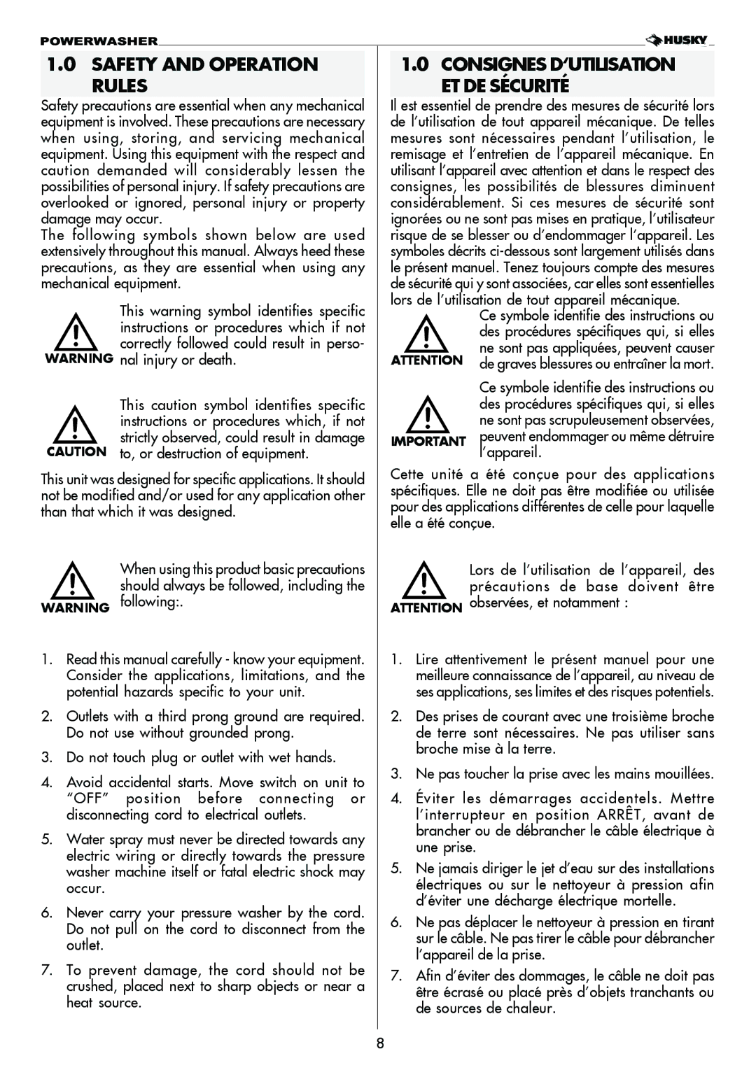 Husky 1750 PSL warranty Safety and Operation Rules, Consignes D‘UTILISATION ET DE Sécurité, ’appareil 