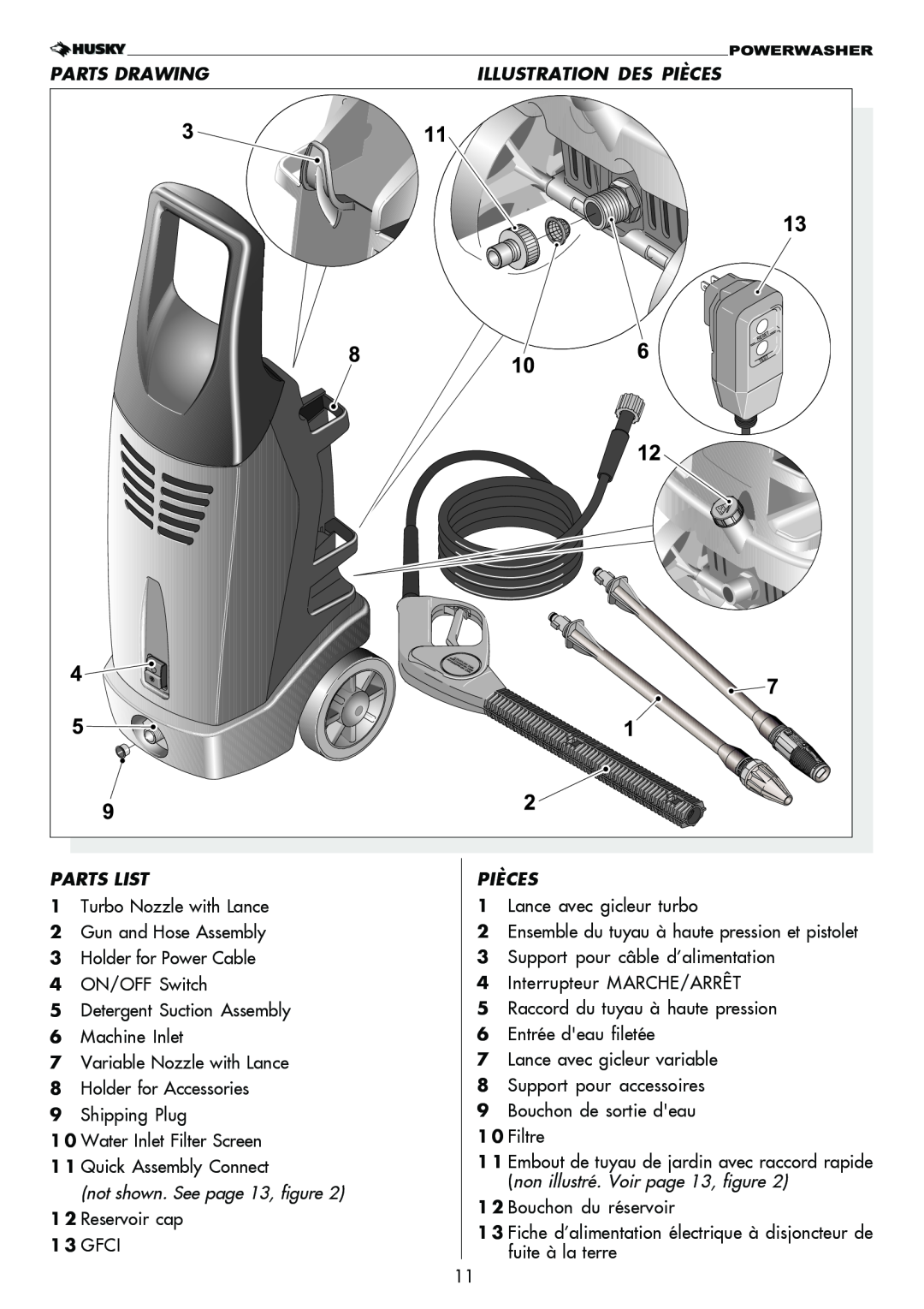 Husky 1750 PSL warranty Parts Drawing, Parts List, Pièces, 1 3 GFCI 