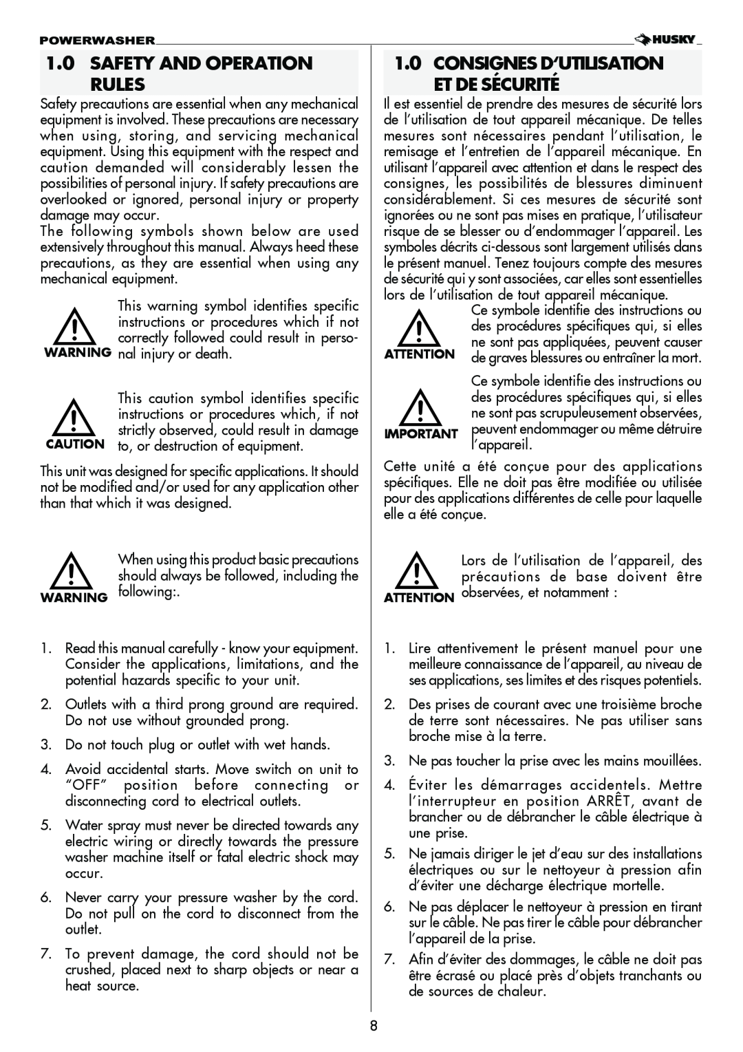 Husky 1750 PSL warranty Safety And Operation Rules, Consignes D‘Utilisation Et De Sécurité 