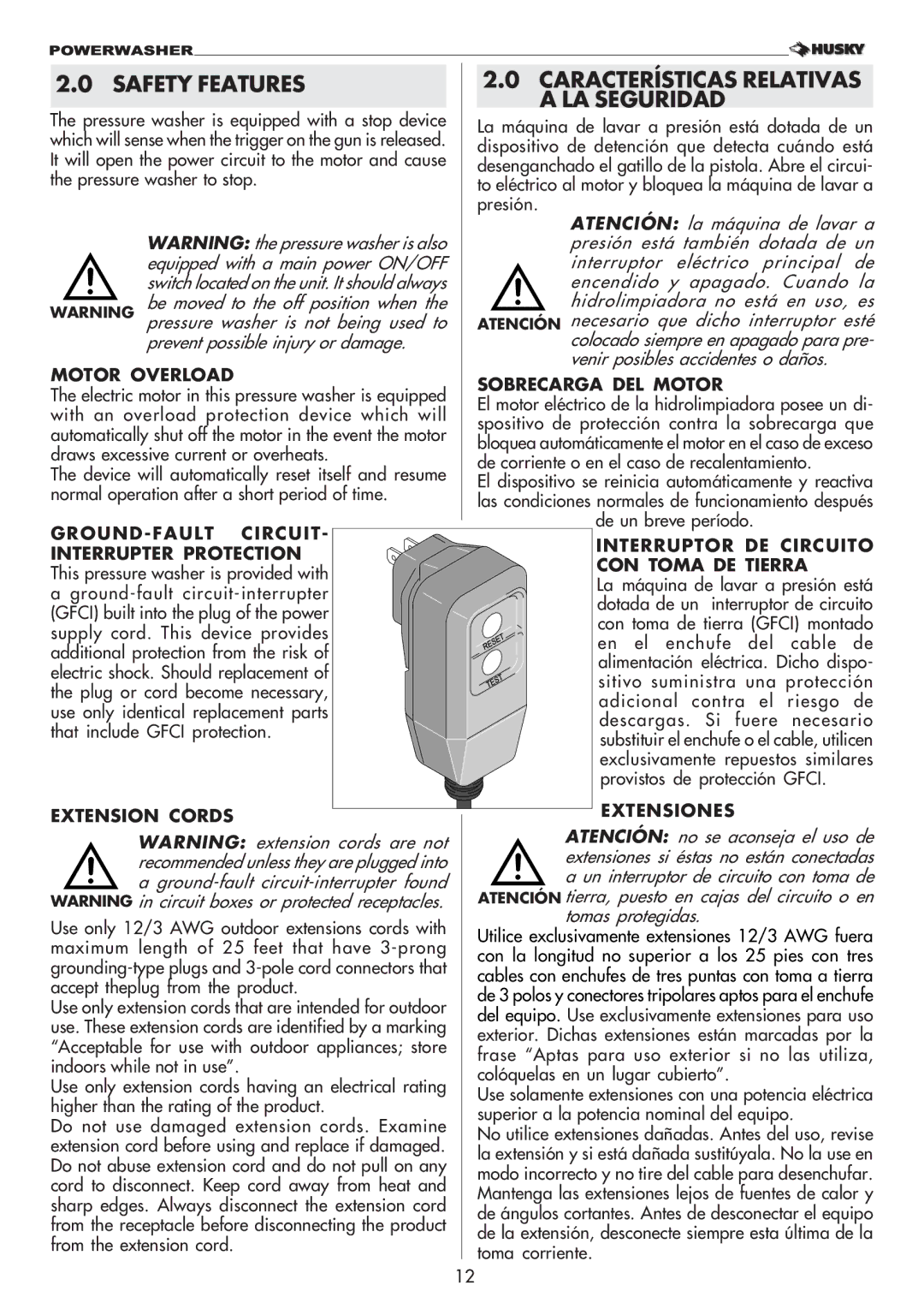 Husky 1750 US manual Safety Features Características Relativas LA Seguridad, Motor Overload Sobrecarga DEL Motor 