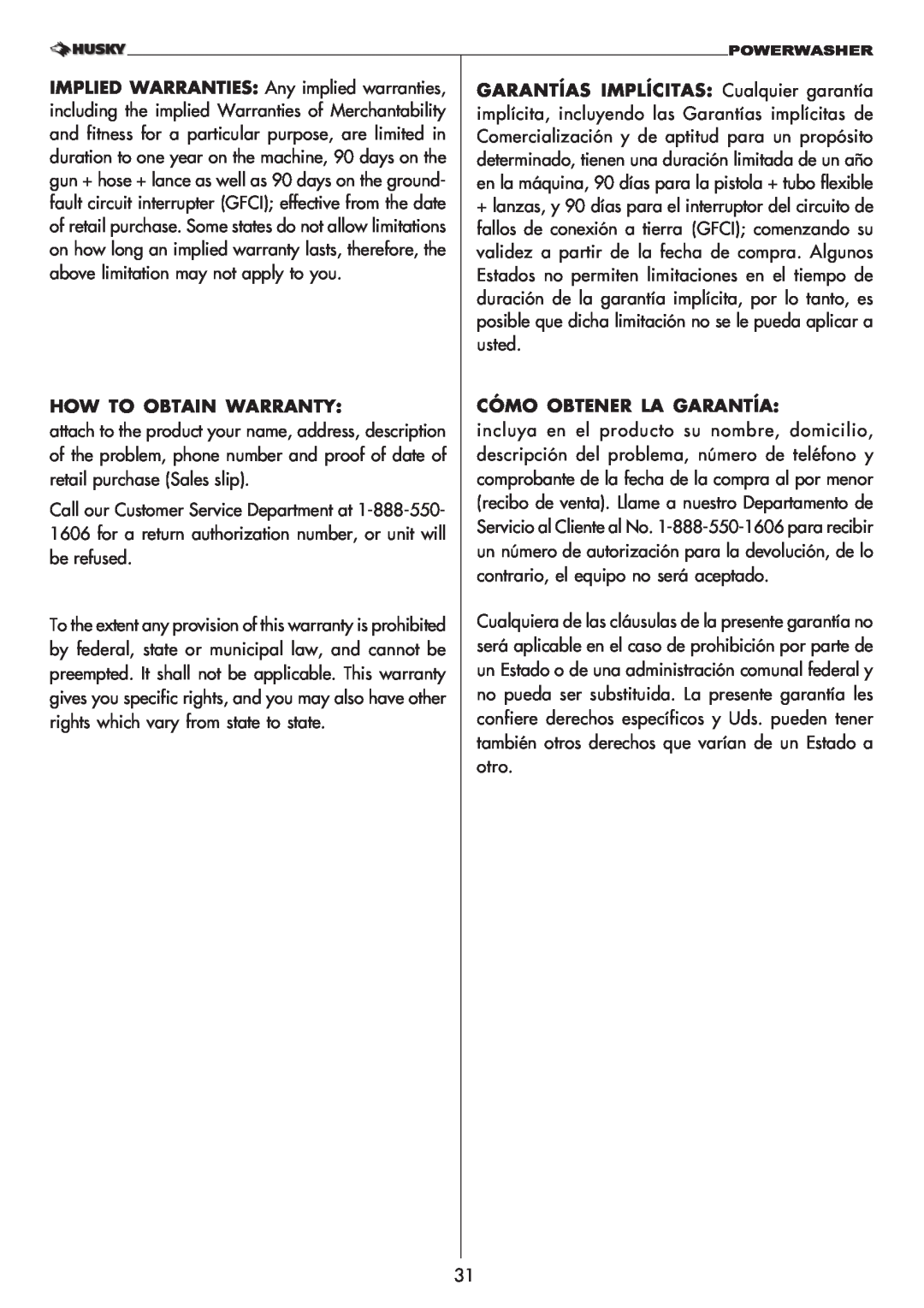 Husky 1750 US manual IMPLIED WARRANTIES: Any implied warranties 