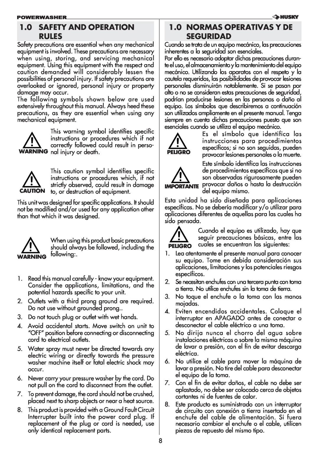 Husky 1750 US manual Safety And Operation Rules, Normas Operativas Y De Seguridad 