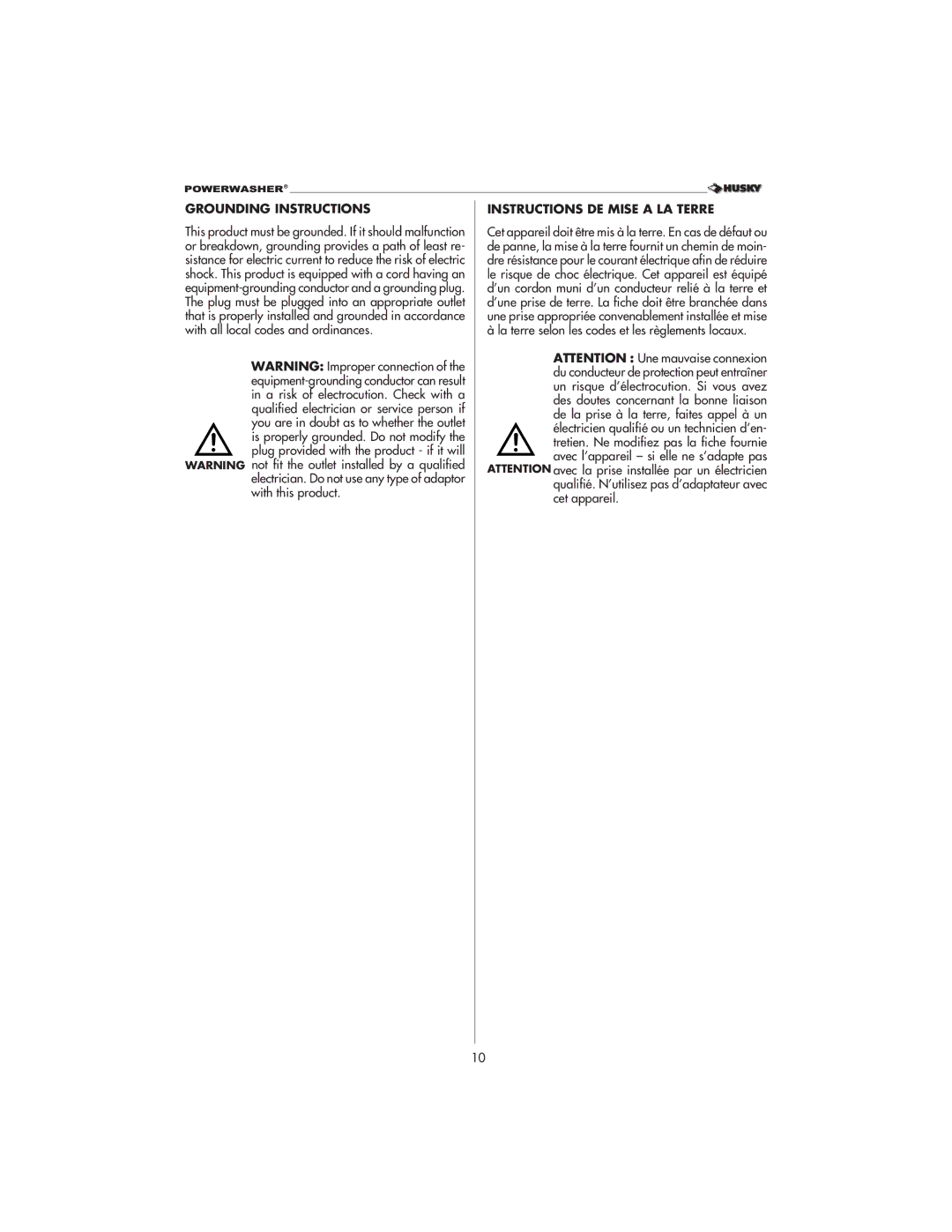 Husky 1800 CA manual Grounding Instructions, Instructions DE Mise a LA Terre, Tretien. Ne modifiez pas la fiche fournie 