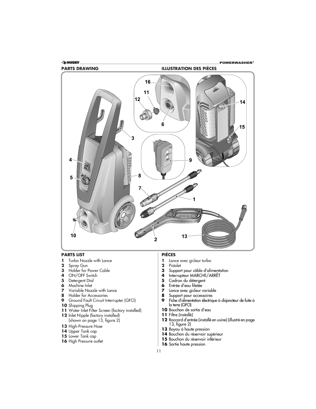 Husky 1800 CA manual Parts Drawing Parts List, Illustration DES Pièces, Lance avec gicleur turbo Pistolet 