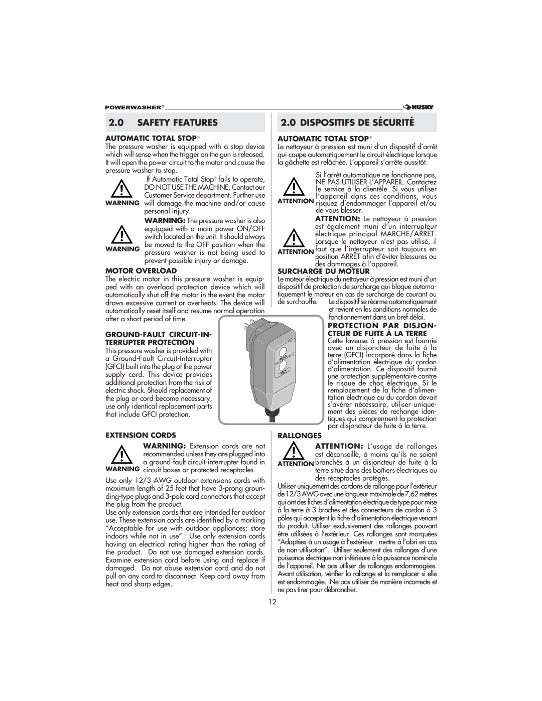 Husky 1800 CA manual Safety Features, Dispositifs DE Sécurité 