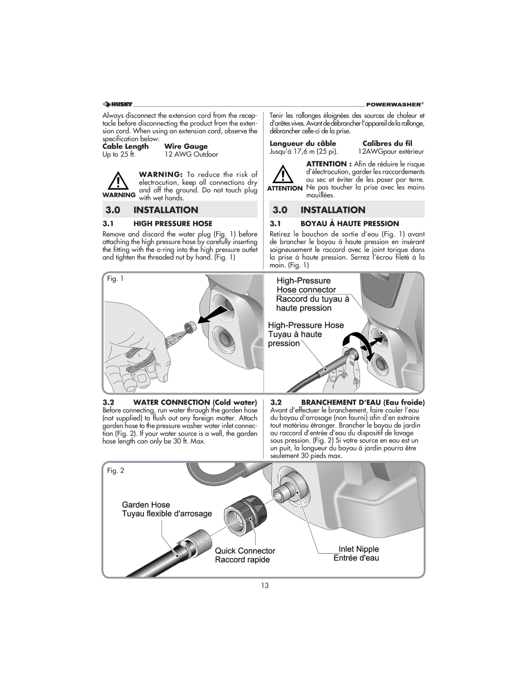 Husky 1800 CA Installation, Cable Length Wire Gauge Up to 25 ft AWG Outdoor, High Pressure Hose, Boyau À Haute Pression 