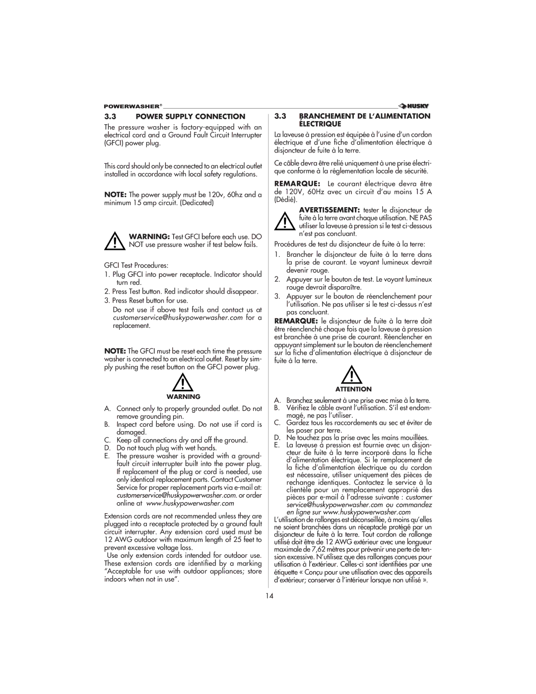 Husky 1800 CA manual Power Supply Connection, Branchement DE L‘ALIMENTATION Électrique 