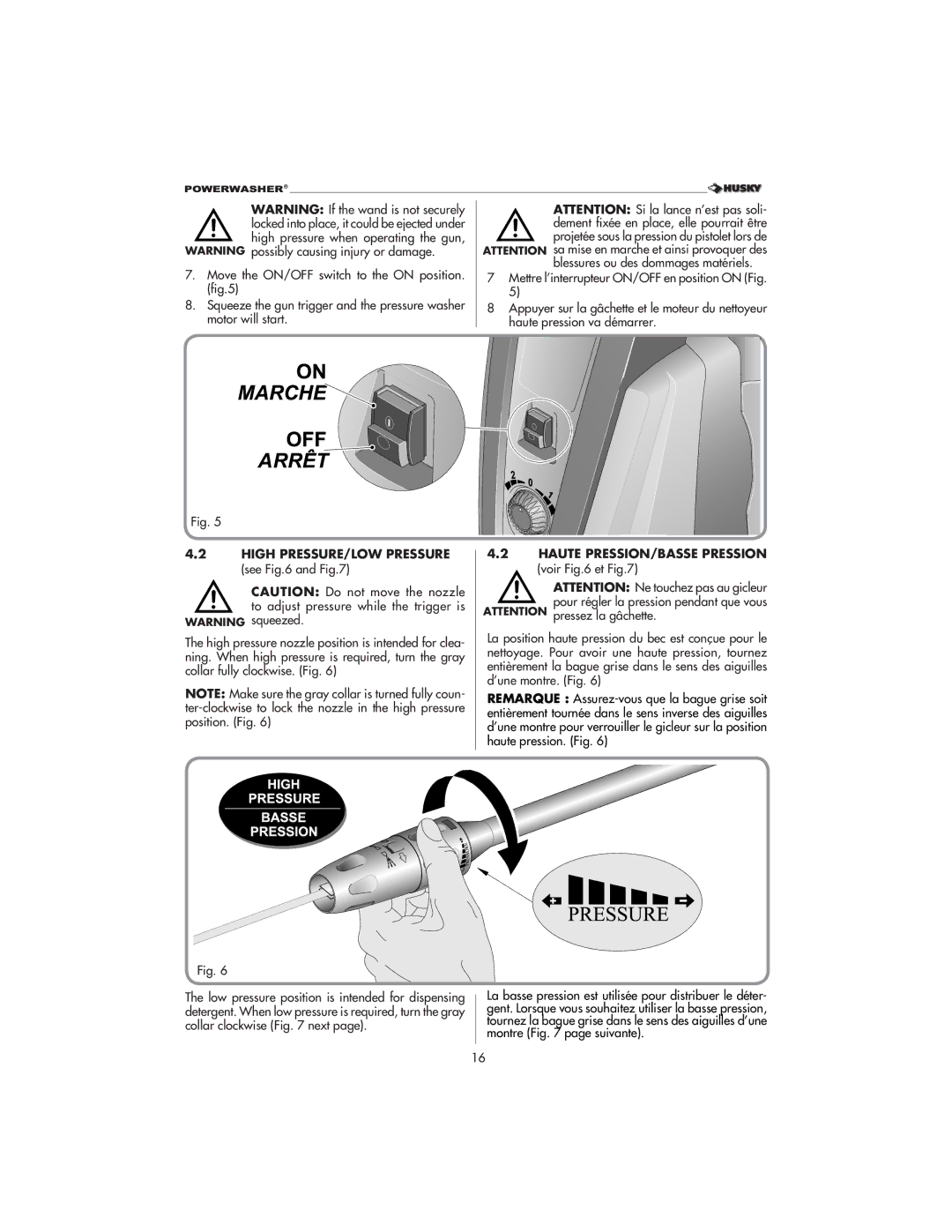 Husky 1800 CA manual High PRESSURE/LOW Pressure see, Haute PRESSION/BASSE Pression voir et 