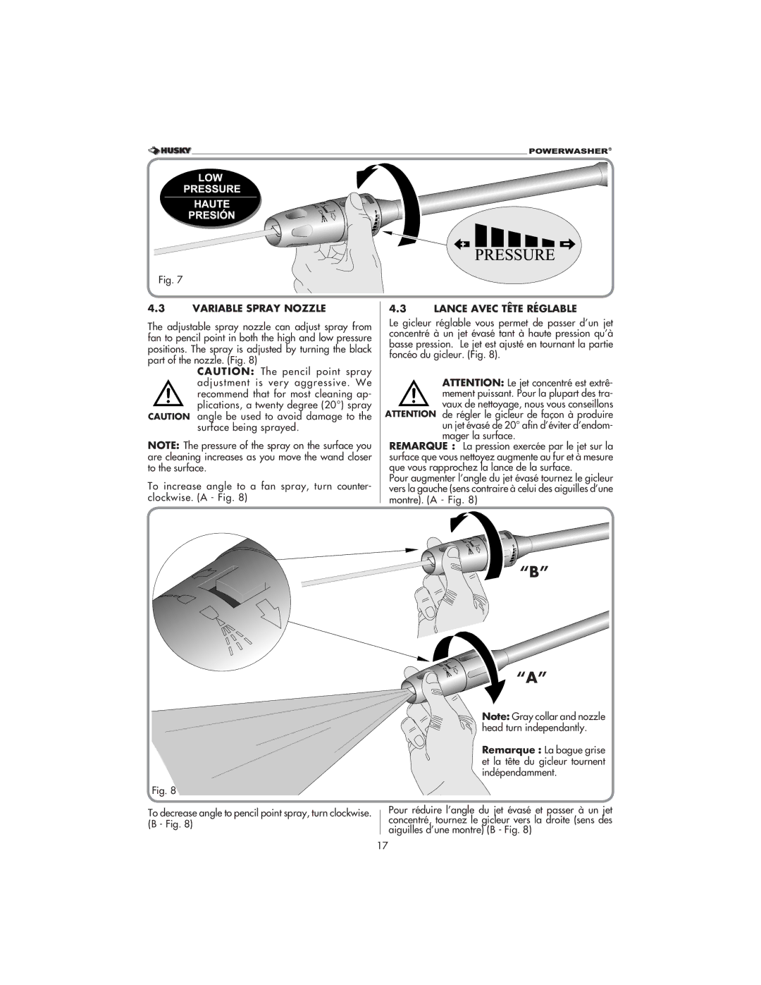 Husky 1800 CA manual Variable Spray Nozzle, Lance Avec Tête Réglable 