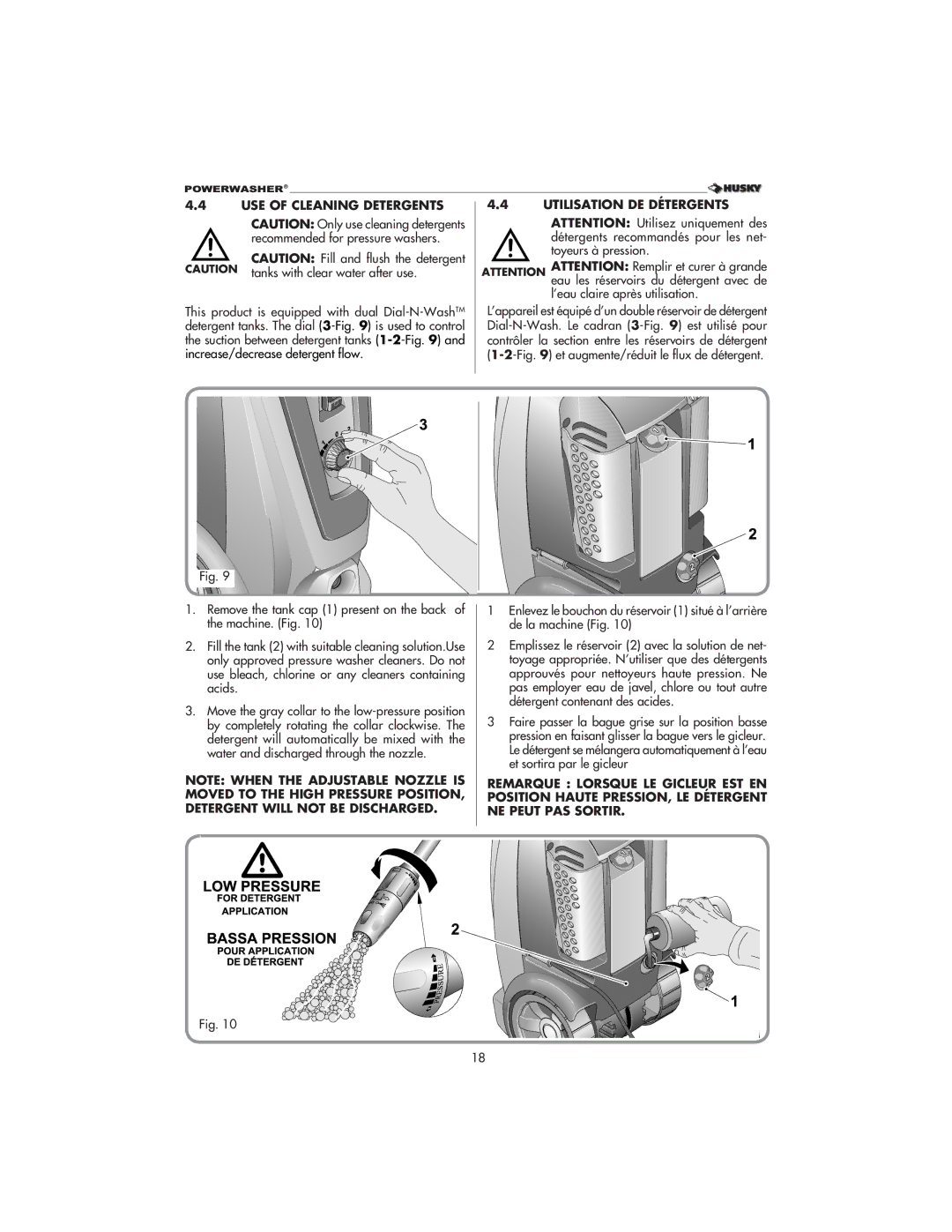 Husky 1800 CA manual USE of Cleaning Detergents, Utilisation DE Détergents 