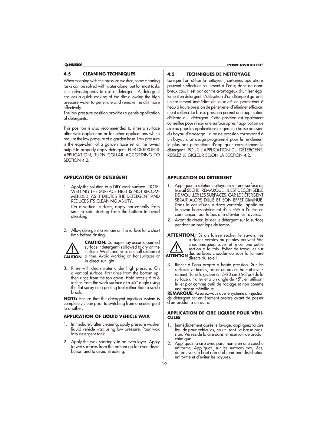 Husky 1800 CA Cleaning Techniques, Application of Detergent, Application of Liquid Vehicle WAX, Application DU Détergent 