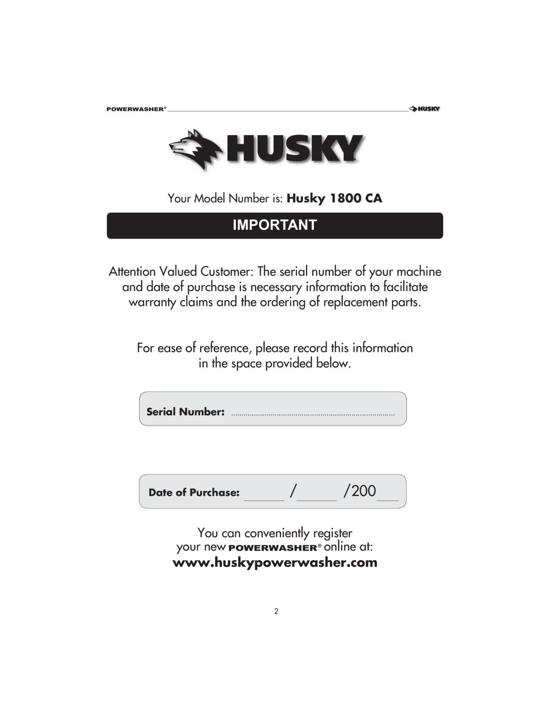 Husky 1800 CA manual 200, Serial Number 