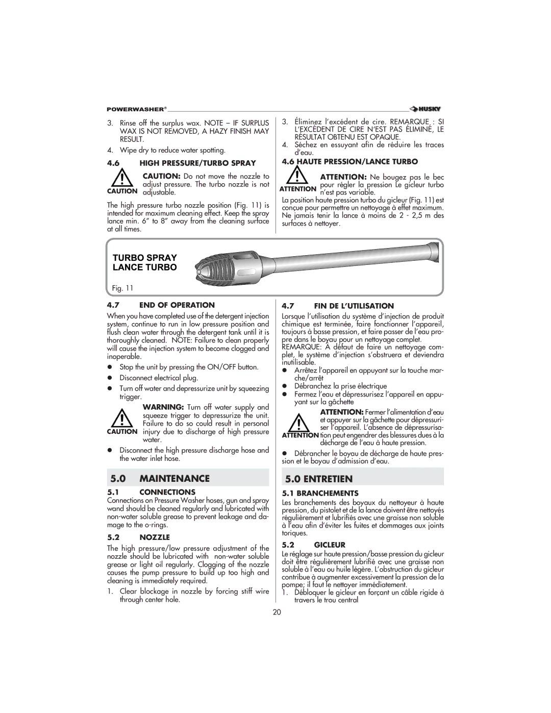 Husky 1800 CA manual Maintenance, Entretien 