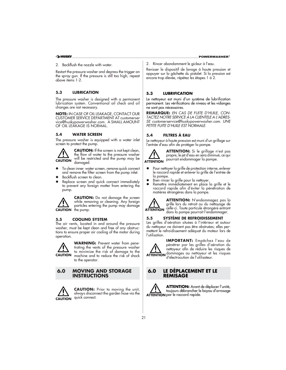 Husky 1800 CA manual Moving and Storage Instructions 