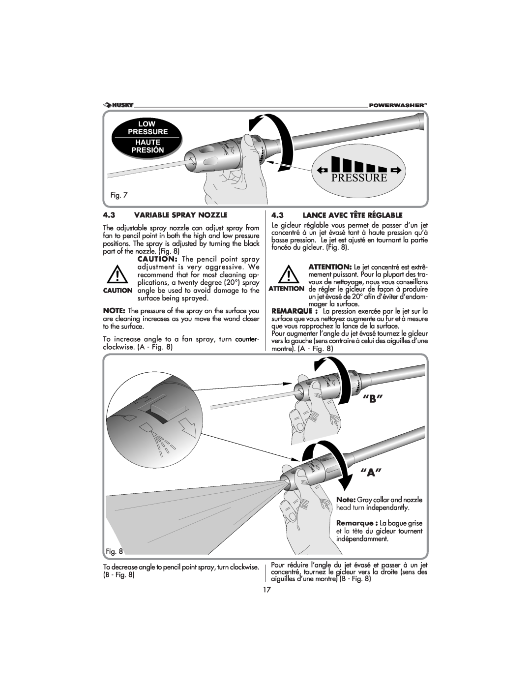 Husky 1800 CA manual “B” “A”, Variable Spray Nozzle, Lance Avec Tête Réglable 
