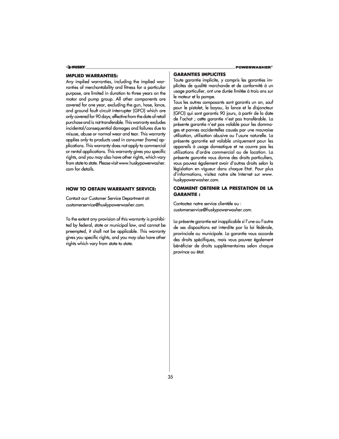 Husky 1800 CA manual Implied Warranties, How To Obtain Warranty Service, Garanties Implicites 