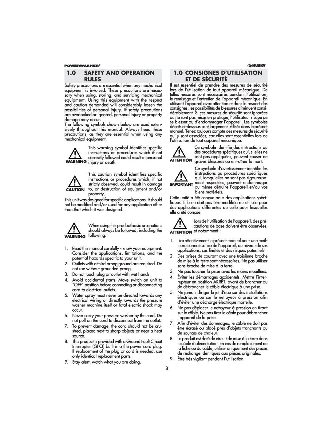 Husky 1800 CA manual Safety And Operation Rules, Consignes D‘Utilisation Et De Sécurité 