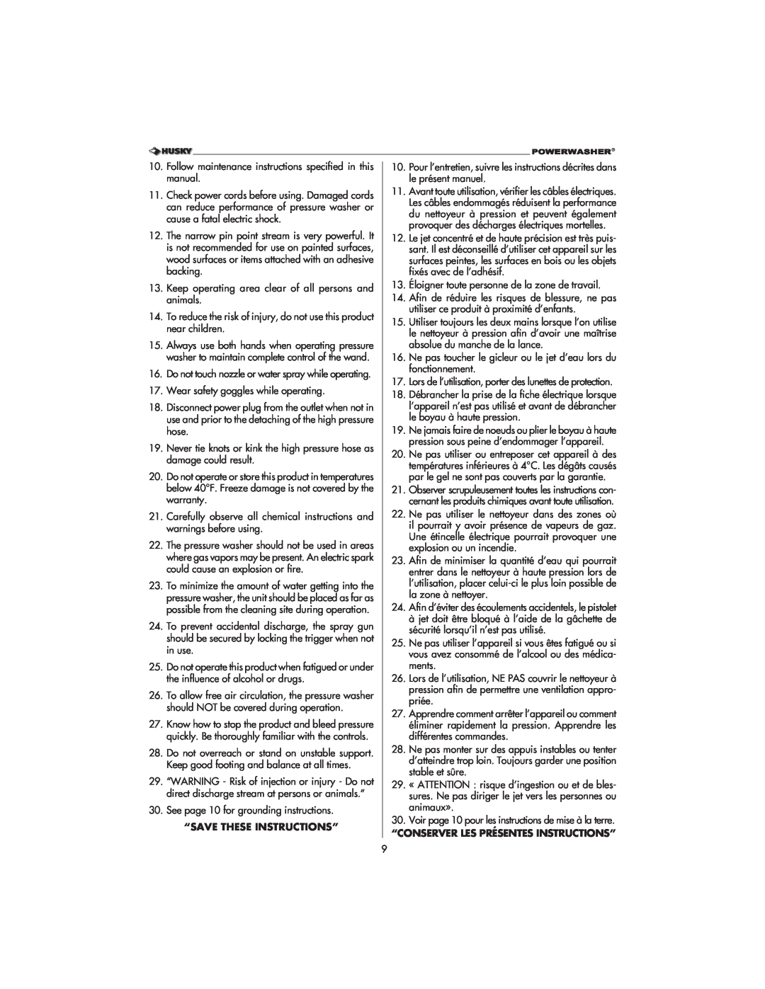 Husky 1800 CA manual “Save These Instructions”, “Conserver Les Présentes Instructions” 