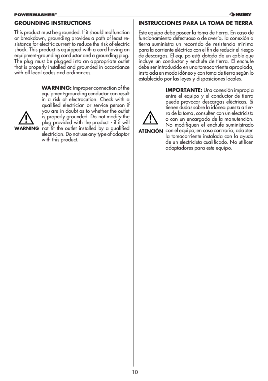 Husky 1800 manual Grounding Instructions, Instrucciones Para LA Toma DE Tierra 