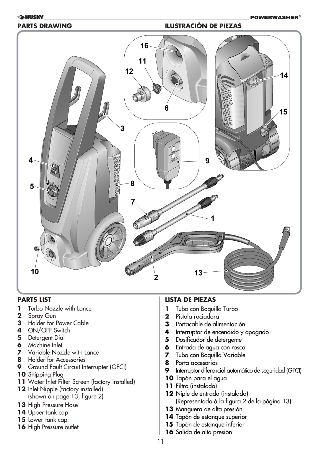 Husky 1800 Parts Drawing Parts List, Ilustración DE Piezas Lista DE Piezas, Tubo con Boquilla Turbo Pistola rociadora 