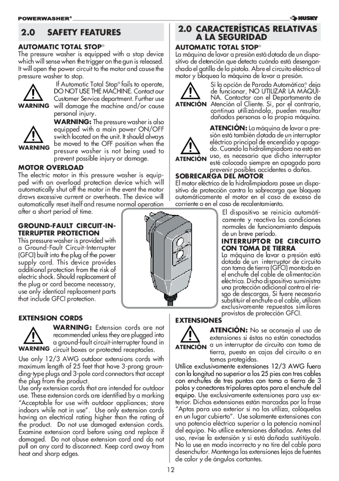 Husky 1800 manual Safety Features, Características Relativas a LA Seguridad 