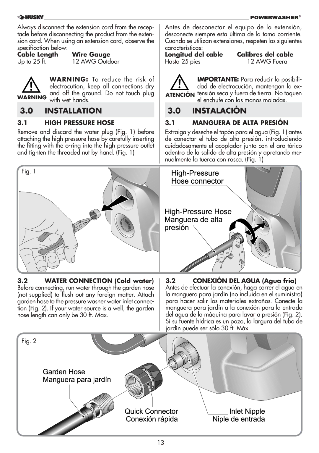 Husky 1800 manual Installation, Instalación, Cable Length Wire Gauge Up to 25 ft AWG Outdoor, High Pressure Hose 