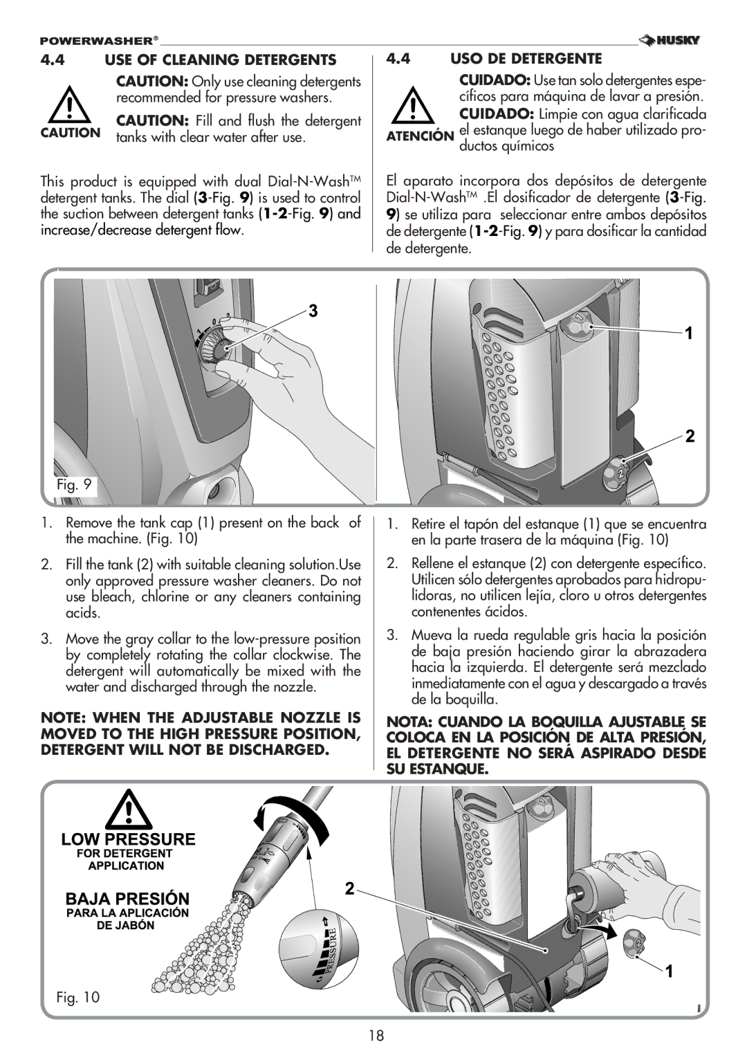 Husky 1800 manual USE of Cleaning Detergents, USO DE Detergente 