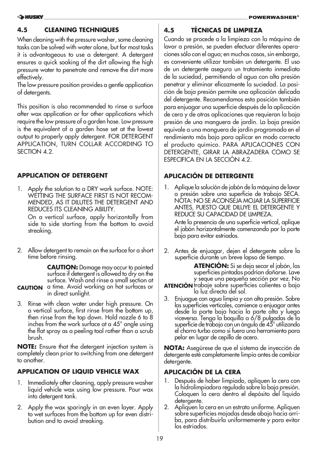 Husky 1800 manual Cleaning Techniques, Application of Detergent, Application of Liquid Vehicle WAX, Técnicas DE Limpieza 