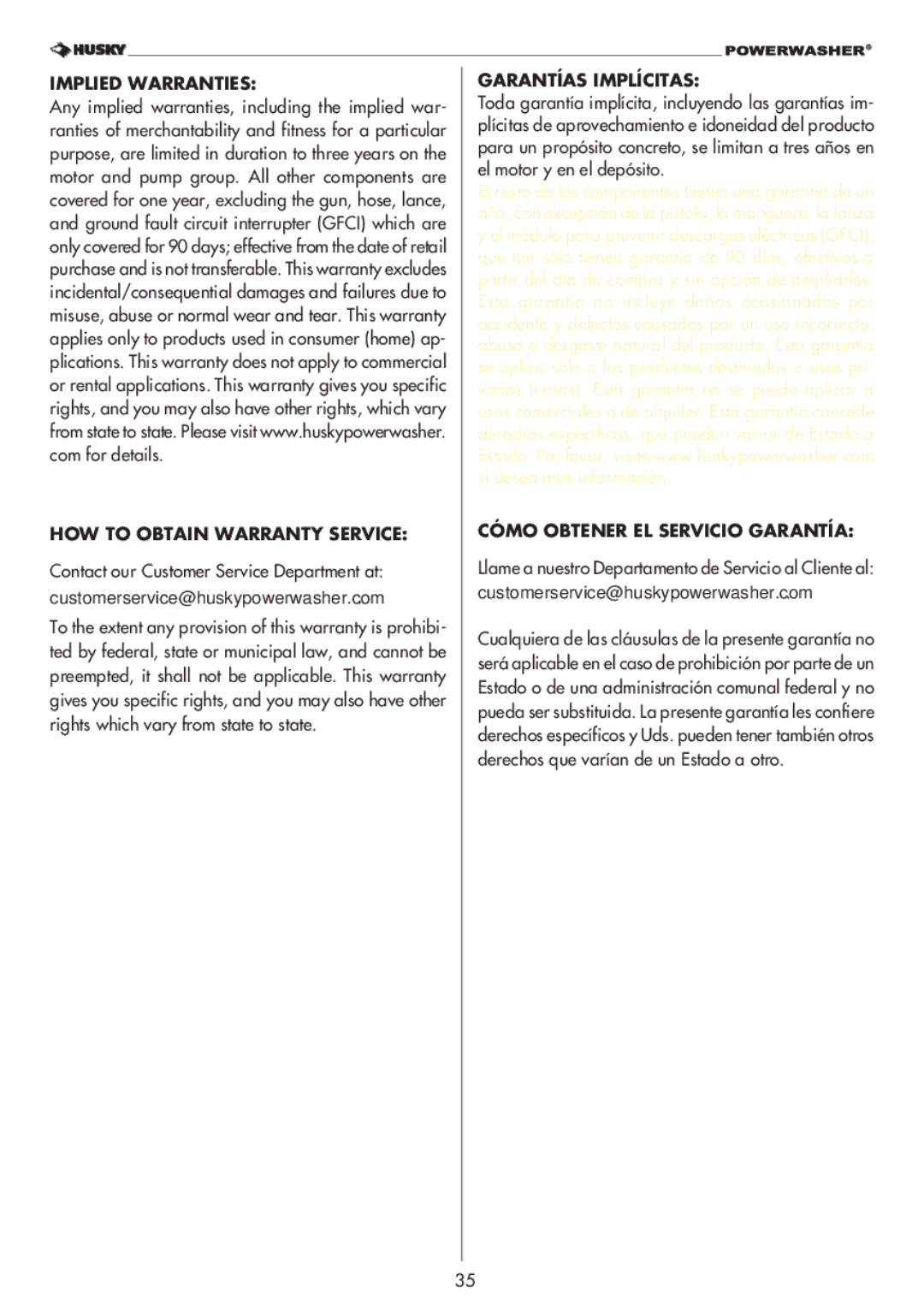 Husky 1800 Implied Warranties HOW to Obtain Warranty Service, Garantías Implícitas, Cómo Obtener EL Servicio Garantía 