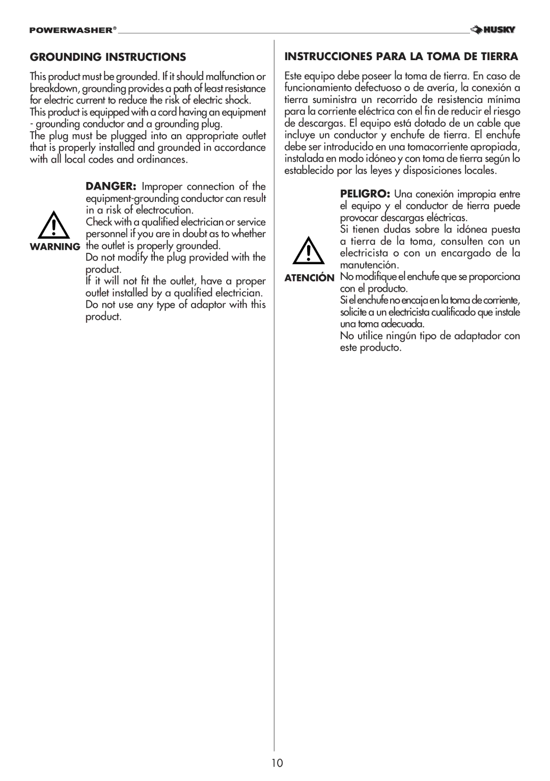 Husky 1800PSI warranty Grounding Instructions, Instrucciones Para LA Toma DE Tierra 