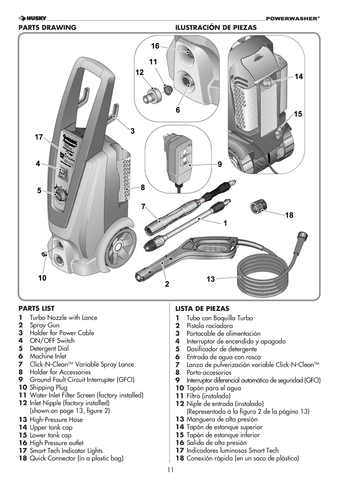 Husky 1800PSI warranty Parts Drawing Parts List, Ilustración DE Piezas Lista DE Piezas 