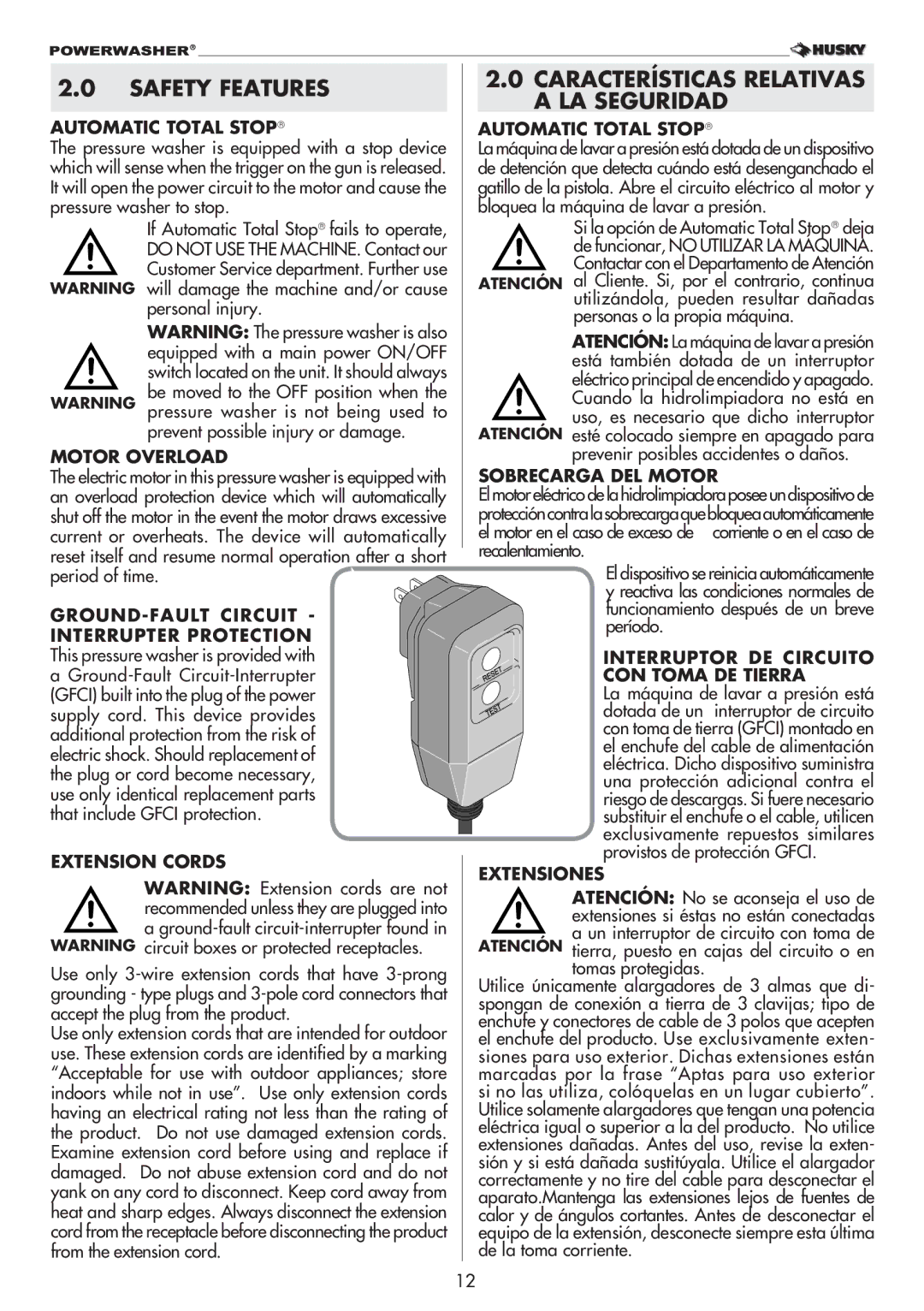 Husky 1800PSI warranty Safety Features, Características Relativas a LA Seguridad 