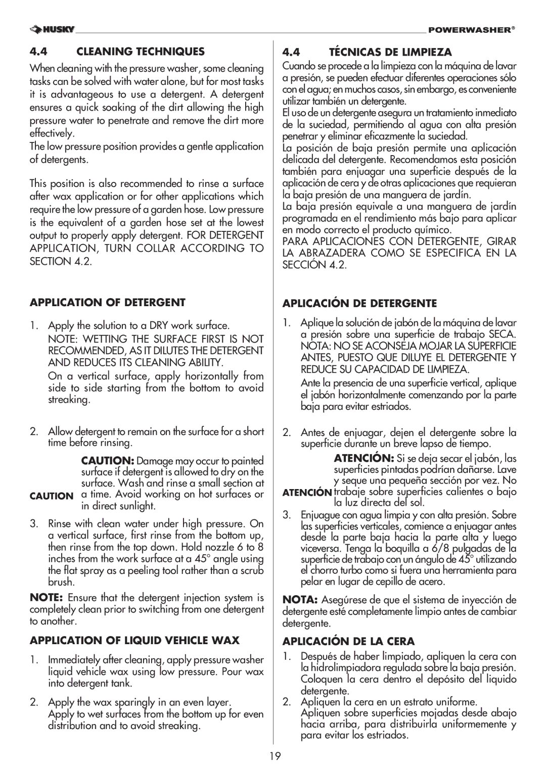 Husky 1800PSI Cleaning Techniques, Application of Detergent, Application of Liquid Vehicle WAX, Técnicas DE Limpieza 