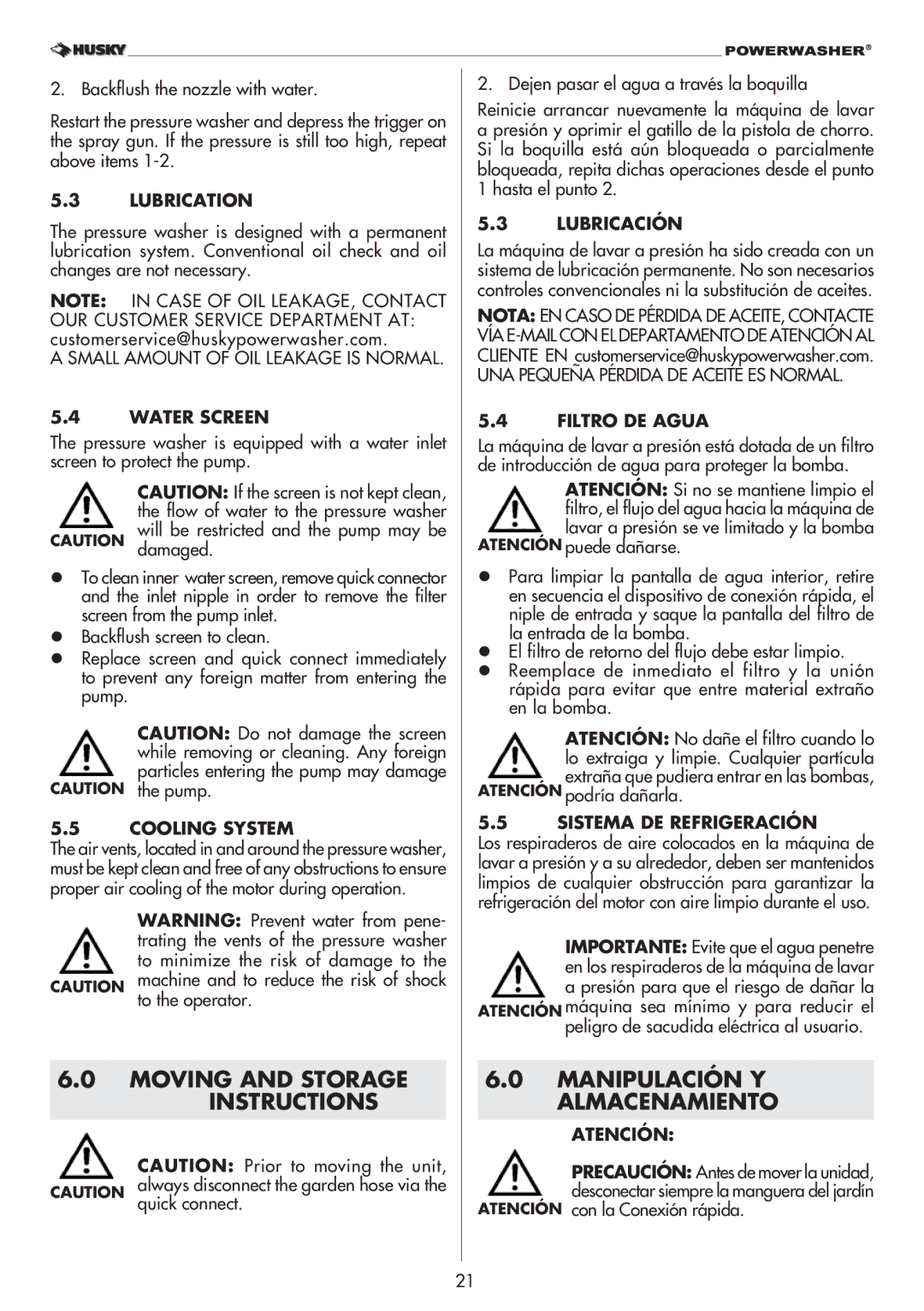 Husky 1800PSI warranty Moving and Storage Instructions, Manipulación Y Almacenamiento 