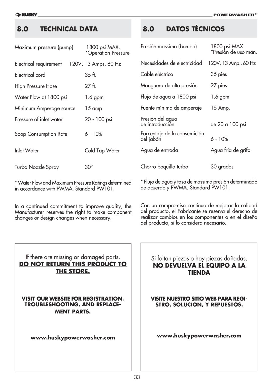 Husky 1800PSI warranty Technical Data, Datos Técnicos 