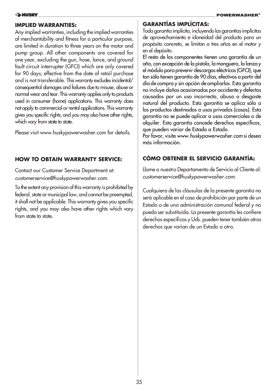 Husky 1800PSI Implied Warranties, HOW to Obtain Warranty Service, Garantías Implícitas, Cómo Obtener EL Servicio Garantía 