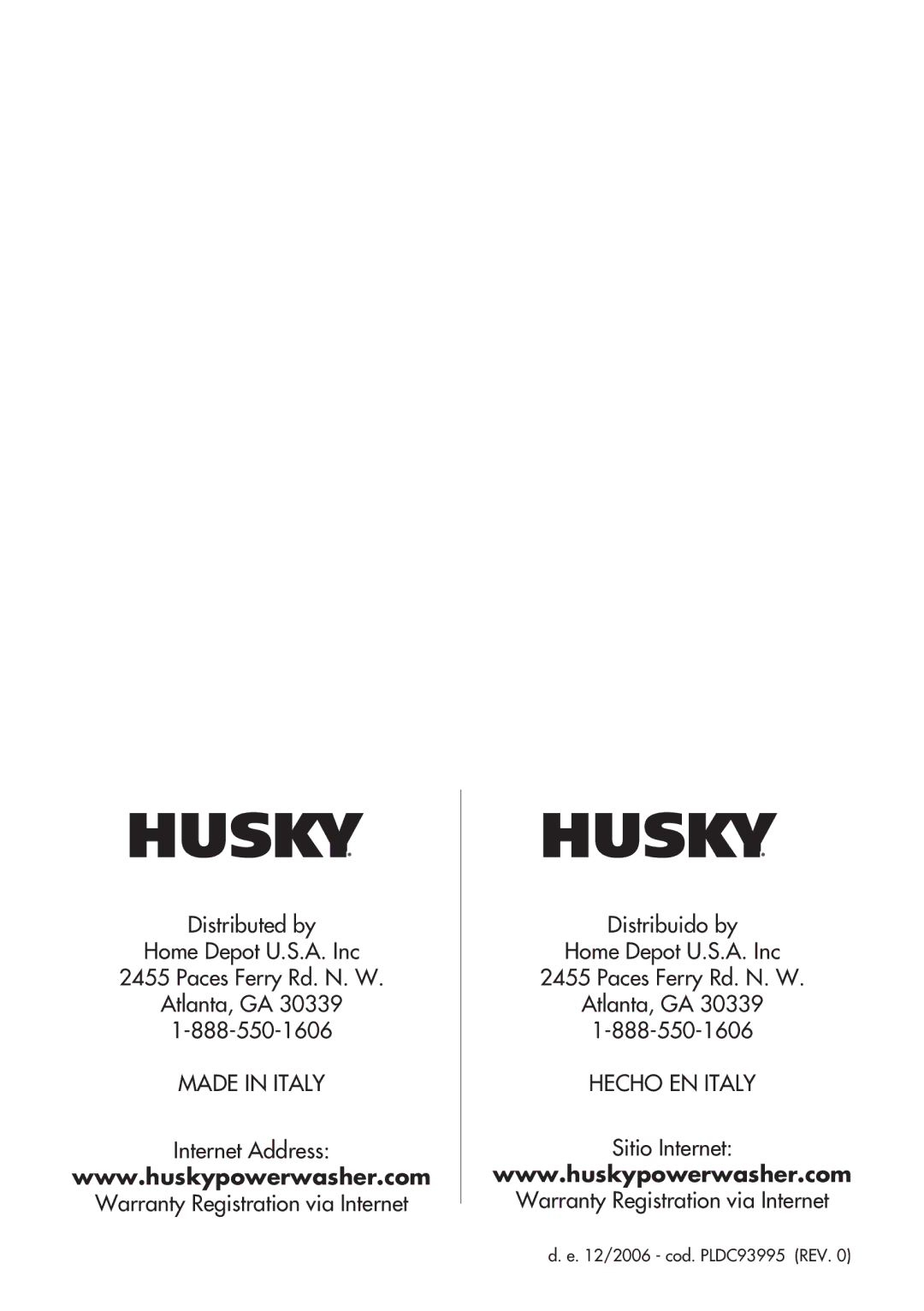 Husky 1800PSI warranty Hecho EN Italy 