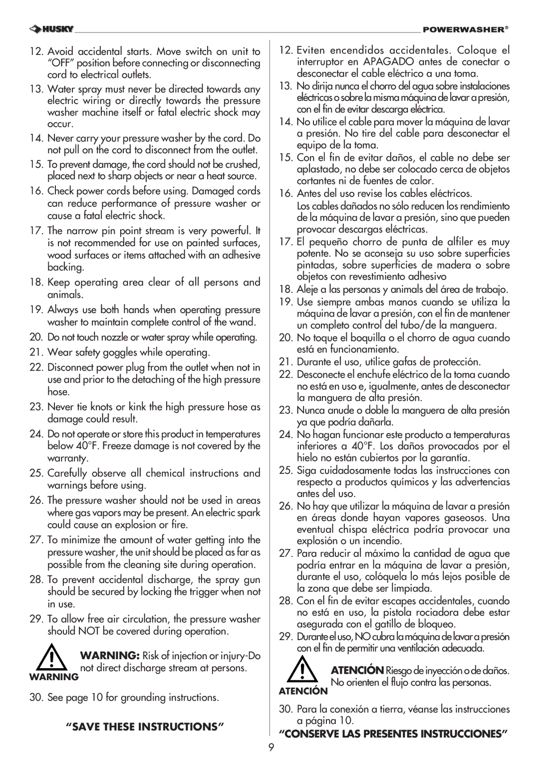 Husky 1800PSI warranty Aleje a las personas y animals del área de trabajo, Conserve LAS Presentes Instrucciones 